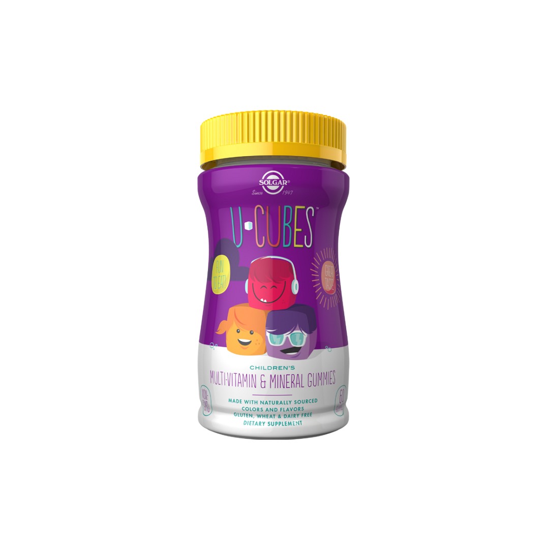 A Solgar U-Cubes Children's Multi-Vitamin and Mineral 60 Gummies bottle with a purple lid and a yellow lid that contains delicious gummies for children.