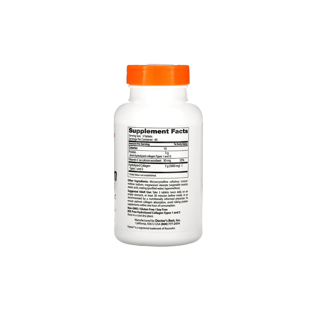 Un frasco de Doctor's Best Colágeno tipos 1 y 3 1000 mg 180 comprimidos sobre fondo blanco.