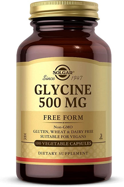 Un frasco de Solgar Glicina 500 mg 100 Cápsulas vegetales forma libre.