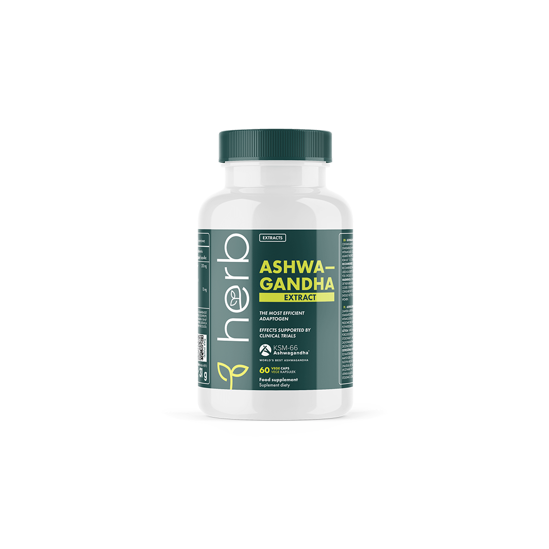 A bottle of Herb brand Ashwagandha Extract, featuring green labeling and containing 60 vegetarian capsules at 200 mg each, offers the benefits of this Ayurvedic medicine.