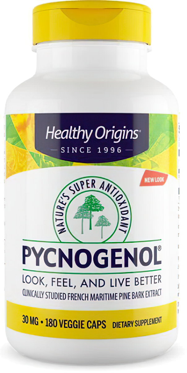 Un frasco de Healthy Origins Pycnogenol 30 mg 180 cápsulas vegetales, un complemento alimenticio para la salud cardiovascular rico en antioxidantes.