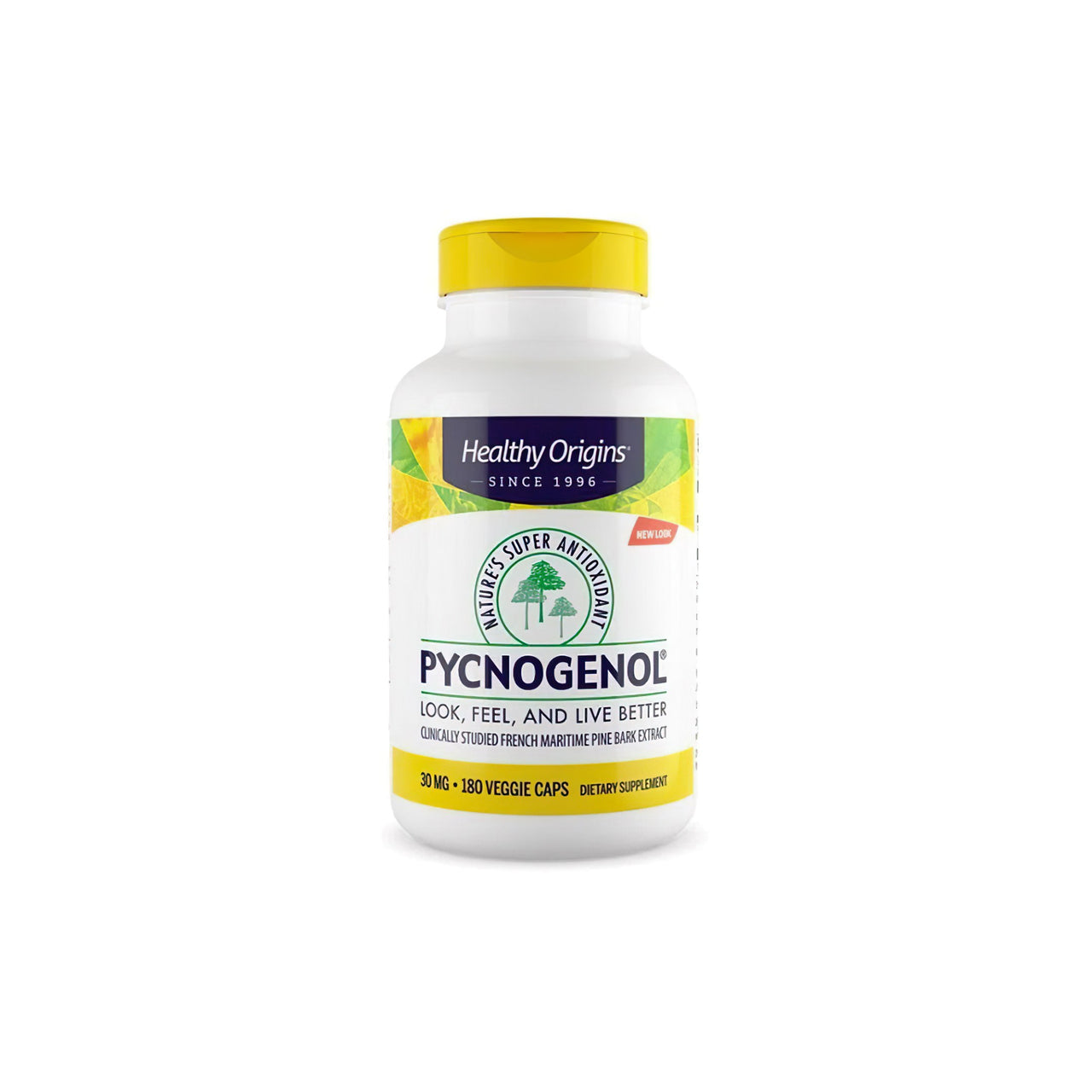 Un frasco de Healthy Origins' suplemento dietético antioxidante, Pycnogenol 30 mg 180 cápsulas vegetales, para la salud cardiovascular.