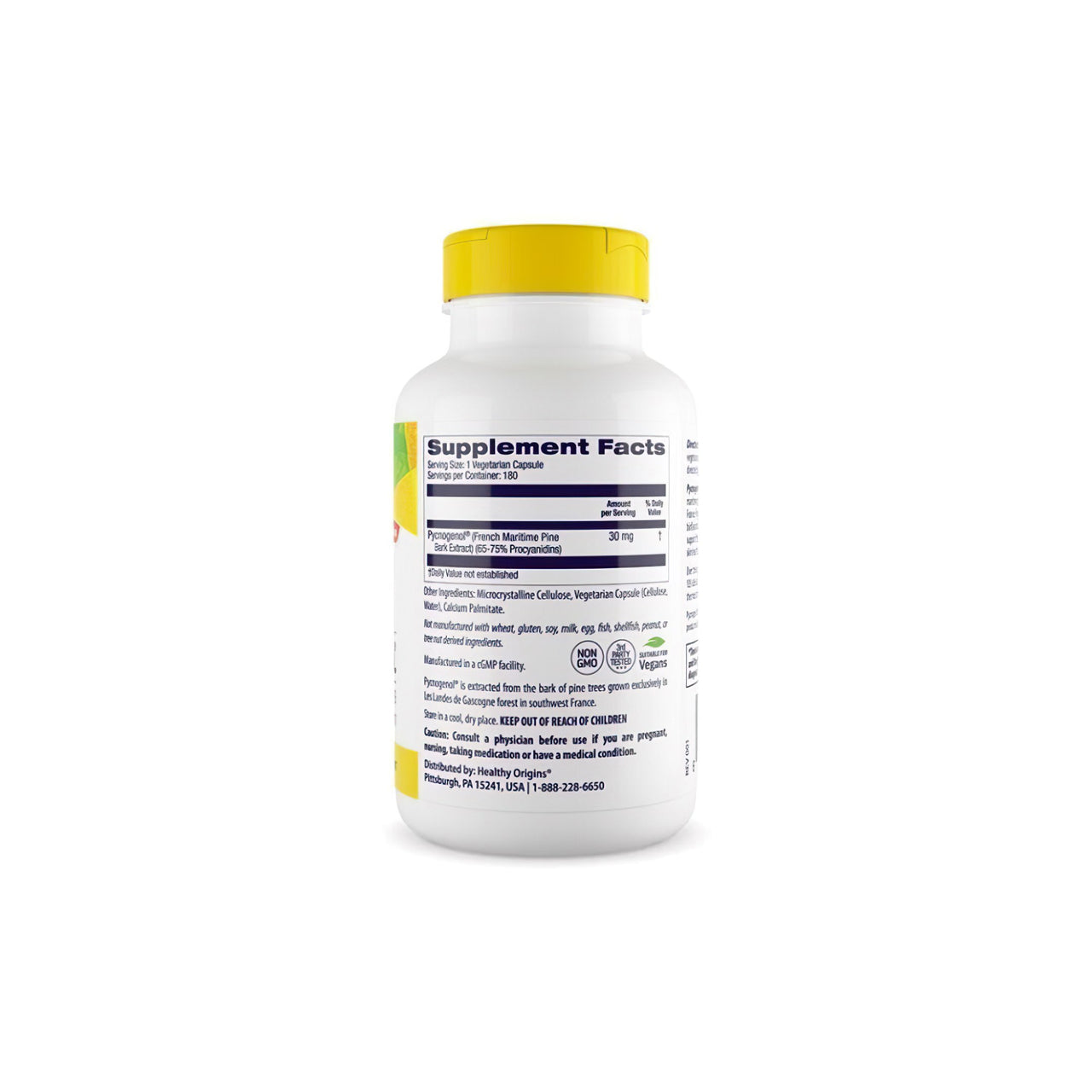 Un frasco de suplemento dietético de Pycnogenol 30 mg 180 cápsulas vegetales, un potente antioxidante para la salud cardiovascular, presentado sobre un fondo blanco limpio, por Healthy Origins.