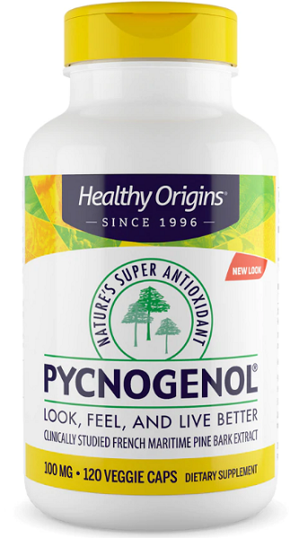 Un frasco de Healthy Origins Pycnogenol rico en antioxidantes 100 mg 120 cápsulas vegetales, derivado del extracto de corteza de pino marino. Perfecto para promover la salud cardiovascular.