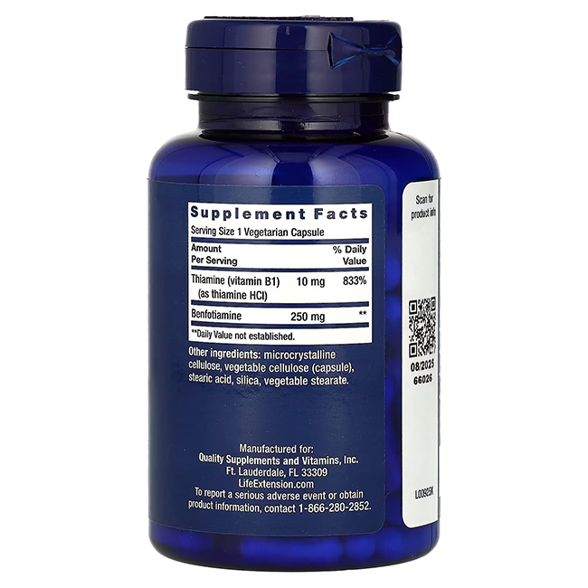 A blue bottle labeled Mega Benfotiamine 250 mg 120 Vegetarian Capsules by Life Extension prominently displays supplement facts, emphasizing Thiamine and Benfotiamine to support glucose metabolism and nerve health. Manufacturer details are included below.