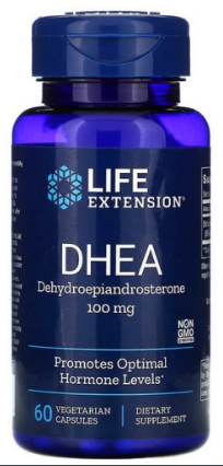 Un frasco de Life Extension DHEA 100 mg 60 cápsulas vegetales.