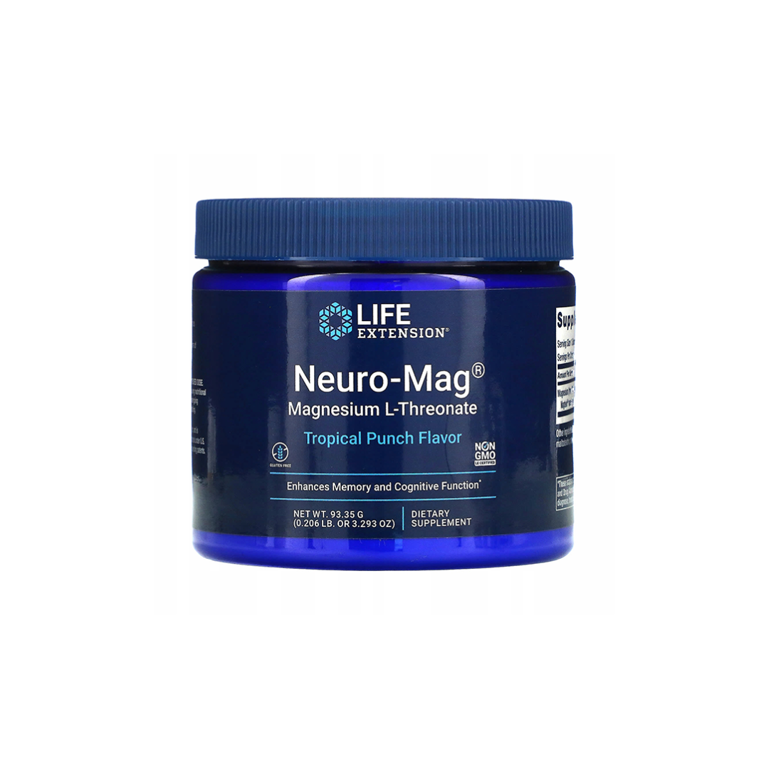 A jar of Life Extension's Neuro-Mag Magnesium L-Threonate 93.35 g, in a tropical punch flavor, is labeled as a dietary supplement designed to enhance memory and support brain health.