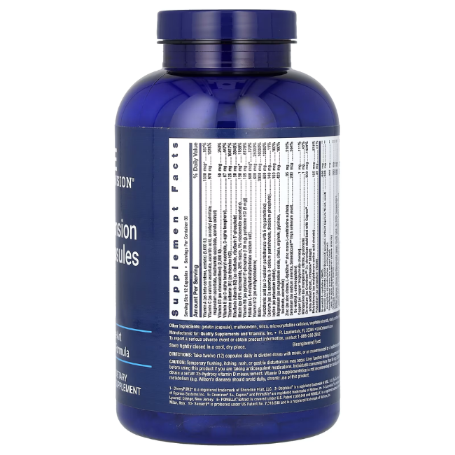 A detailed label on the large blue bottle of Life Extension Mix Capsules 360 by Life Extension highlights the ingredients, key vitamins, and nutritional information.