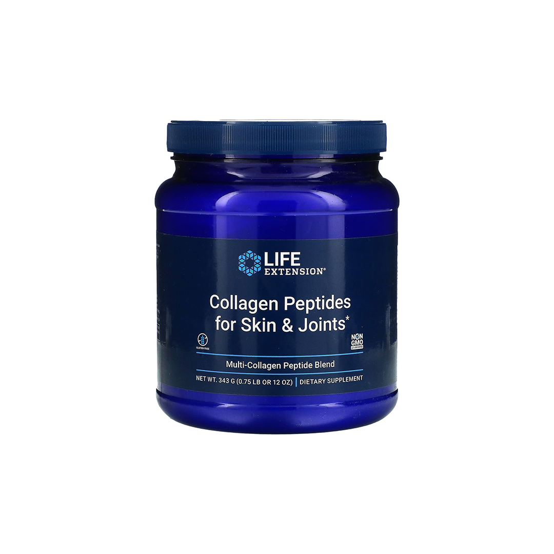 A container of Life Extension's Collagen Peptides for Skin and Joints (343 g / 12 oz) in blue, featuring a multi-collagen peptide blend to promote skin and joint health.