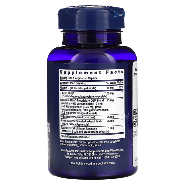 A bottle of DHEA Complete 60 Vegetarian Capsules from Life Extension, featuring a label that details the DHEA formula and herbal ingredients, along with supplement facts and an ingredient list.