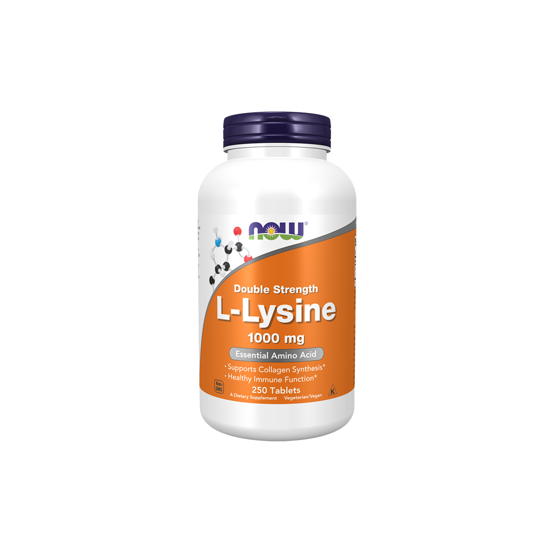 A bottle of L-Lysine 1000 mg from Now Foods, holding 250 tablets, comes in a design with white and orange labeling. This supplement is essential for supporting collagen synthesis and the immune system.