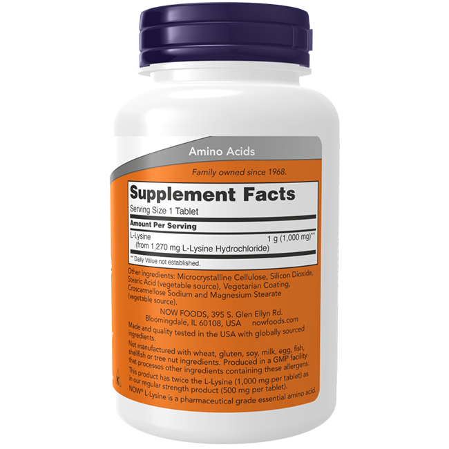 The L-Lysine 1000 mg 250 Tablets by Now Foods come in a white bottle with an orange label, providing supplement facts and dosage information. These essential amino acid supplements are perfect for supporting collagen synthesis.