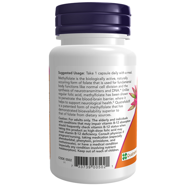 A bottle of Now Foods Methyl Folate 5000 mcg, containing 50 vegetable capsules rich in Vitamin B9, includes a label with detailed usage instructions and cautionary notes. Specifically formulated to support DNA synthesis, this potent blend ensures you receive the essential nutrients for optimal well-being.