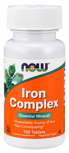 Un frasco de Now Foods Complejo de hierro 100 comprimidos.