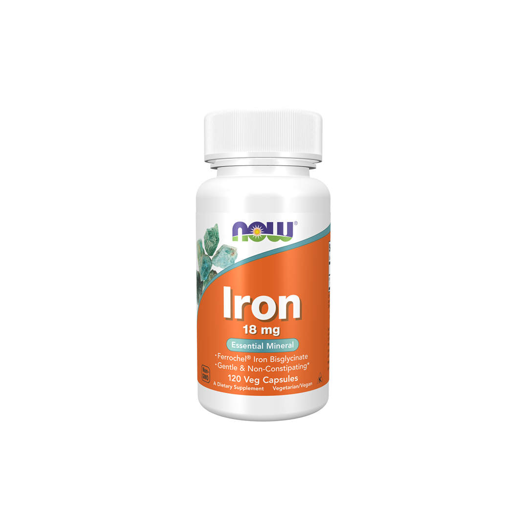 Bottle of Now Foods Iron supplement, 18 mg, with 120 vegetarian capsules. Supports haemoglobin formation and aids in energy production.