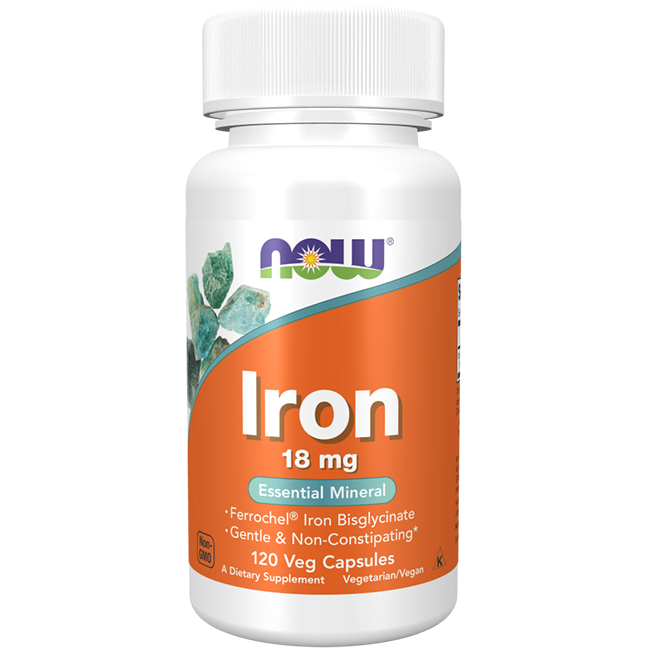 Bottle of Now Foods Iron 18 mg, 120 Veg Capsules, featuring an essential mineral in a gentle, non-constipating formula to support energy production and hemoglobin levels.