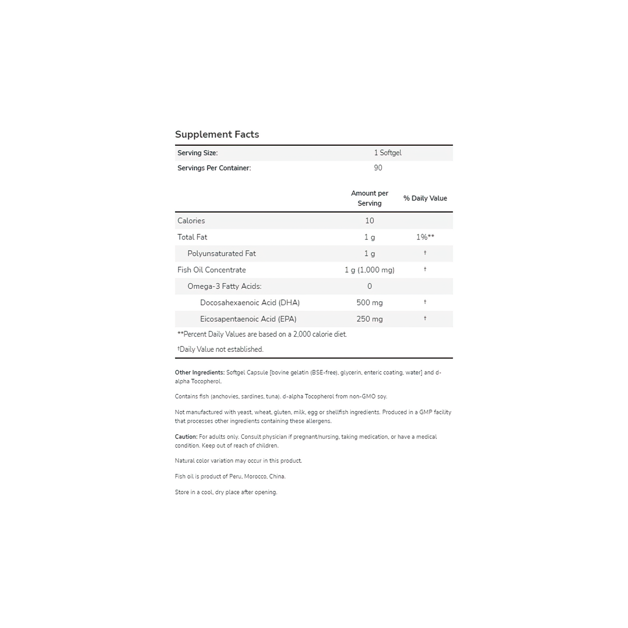 Tabla de ingredientes del producto Now Foods DHA-500 EPA-250 90 softgel.