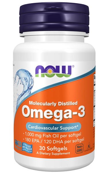 Suplemento Omega-3 180 EPA/120 DHA 30 cápsulas blandas de Now Foods, rico en aceite de pescado para favorecer un corazón sano.