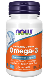 Miniatura para Un suplemento de Omega-3 180 EPA/120 DHA 30 cápsulas blandas de Now Foods, rico en aceite de pescado para favorecer un corazón sano.