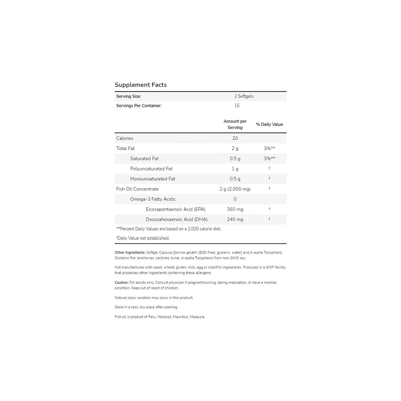 Una tabla que muestra los ingredientes de la Now Foods Omega-3 180 EPA/120 DHA 30 cápsulas blandas, destacando las palabras clave SEO esenciales: Omega-3 y Aceite de pescado. La tabla se coloca sobre un fondo blanco limpio, que proporciona una presentación fácil de leer.