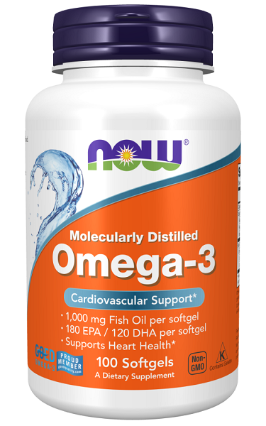 Now Foods Omega-3 180 EPA/120 DHA 100 cápsulas blandas, destilado molecularmente para enfermedades cardiacas.