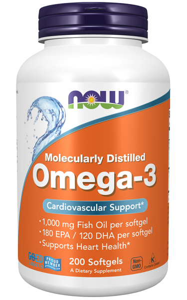 Un frasco de Omega-3 180 EPA/120 DHA 200 cápsulas blandas de Now Foods, que favorece la salud del corazón y el sistema inmunitario.