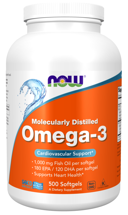 Now Foods Omega-3 180 EPA/120 DHA 500 cápsulas blandas favorece la salud del corazón.