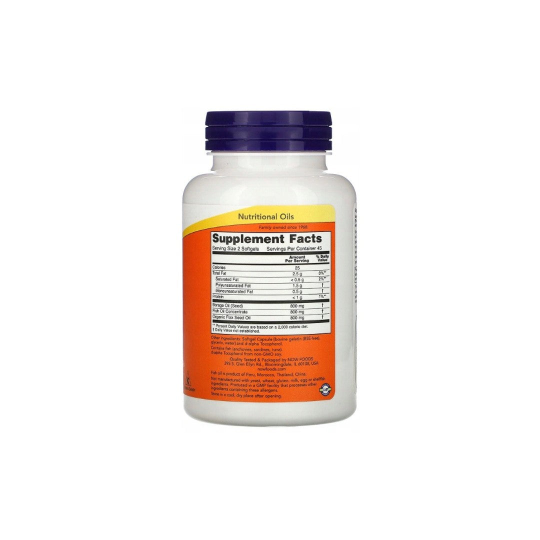 Un frasco de suplementos Omega 3-6-9 de 90 cápsulas blandas con propiedades antiinflamatorias sobre fondo blanco, por Now Foods.