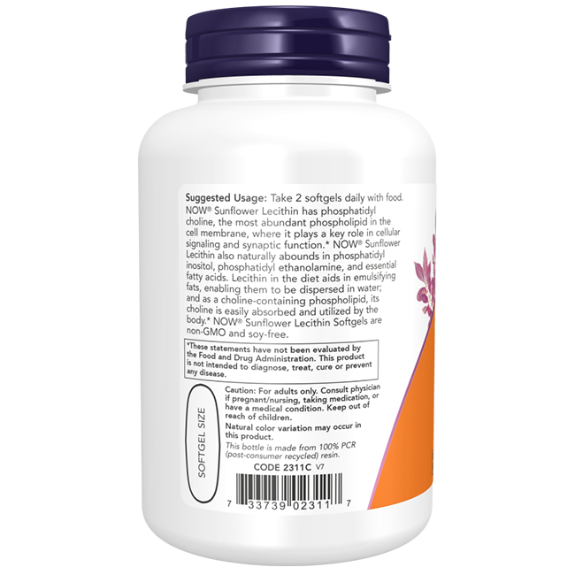 Rear view of a white bottle illustrating 'Suggested Usage,' outlining dosage and supplement details for Now Foods' Sunflower Lecithin 1200 mg softgels, abundant in phosphatidylcholine to enhance cognitive function.