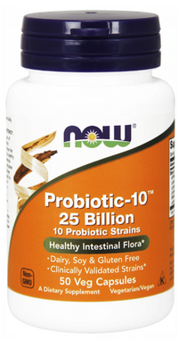 Miniatura de Now Foods Probiótico-10 25.000 millones 50 cápsulas vegetales es un potente suplemento que contiene 5.000 millones de cultivos vivos para favorecer la digestión y reforzar la inmunidad.