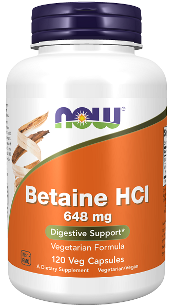 Now Foods Betaína HCI es un complemento alimenticio en forma de cápsulas vegetales de 648 mg.