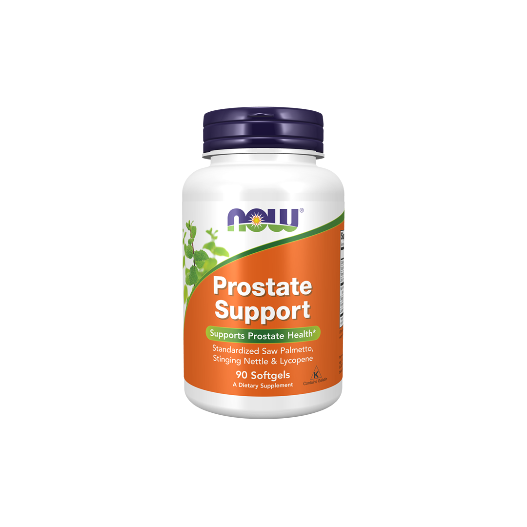 Bottle of Now Foods Prostate Support 90 Softgels, containing plant extracts such as saw palmetto and lycopene to enhance prostate health and urinary tract function.