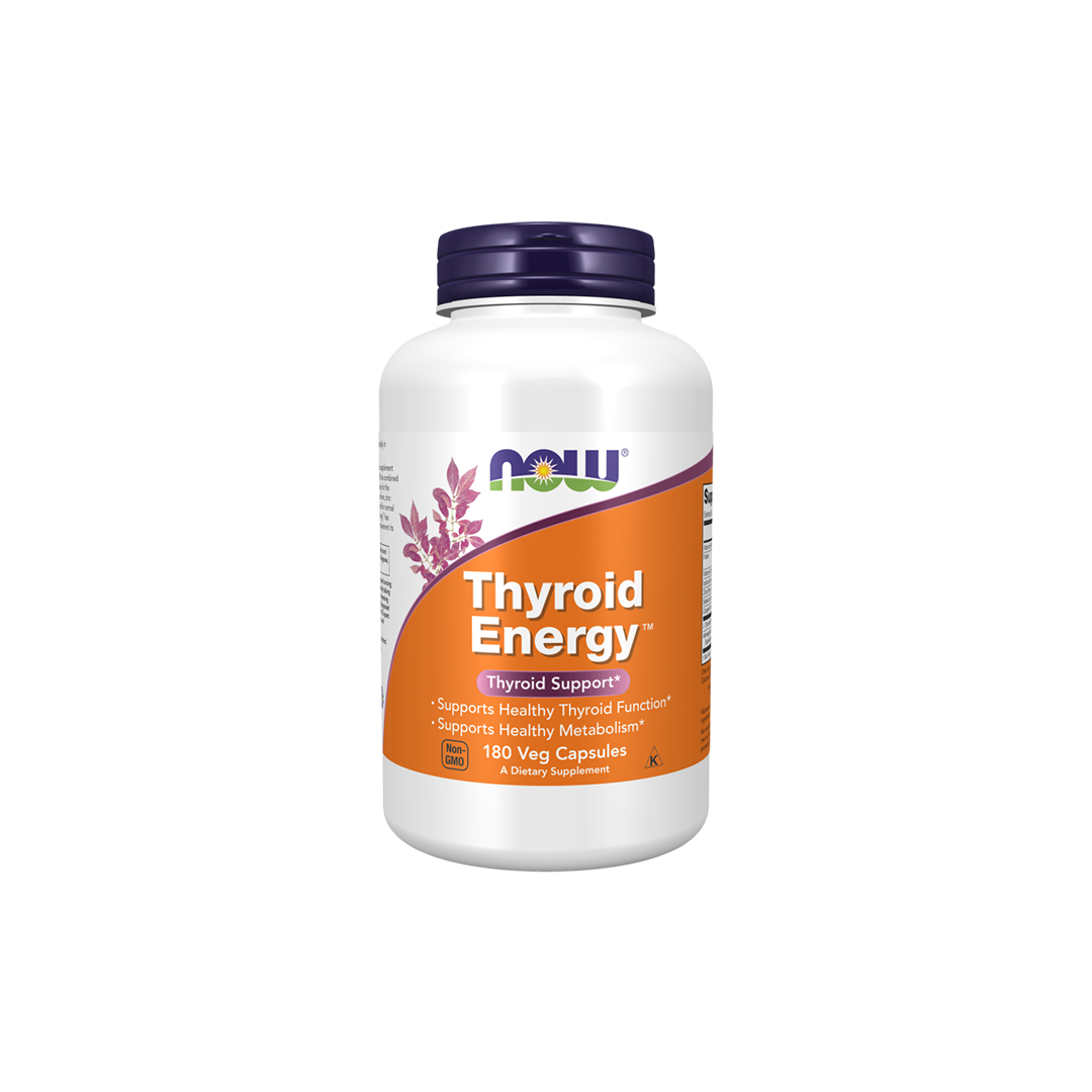 A bottle of Now Foods Thyroid Energy 180 Veg Capsules boasts a purple cap and an orange label highlighting support for thyroid health and metabolism.