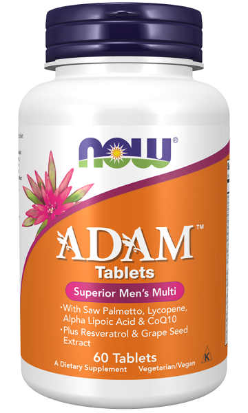 Un frasco de ADAM Multivitaminas y Minerales para el Hombre 60 comprimidos vegetales de Now Foods.