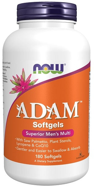 Un frasco de Now Foods ADAM Multivitaminas y Minerales para el Hombre 180 sgel.