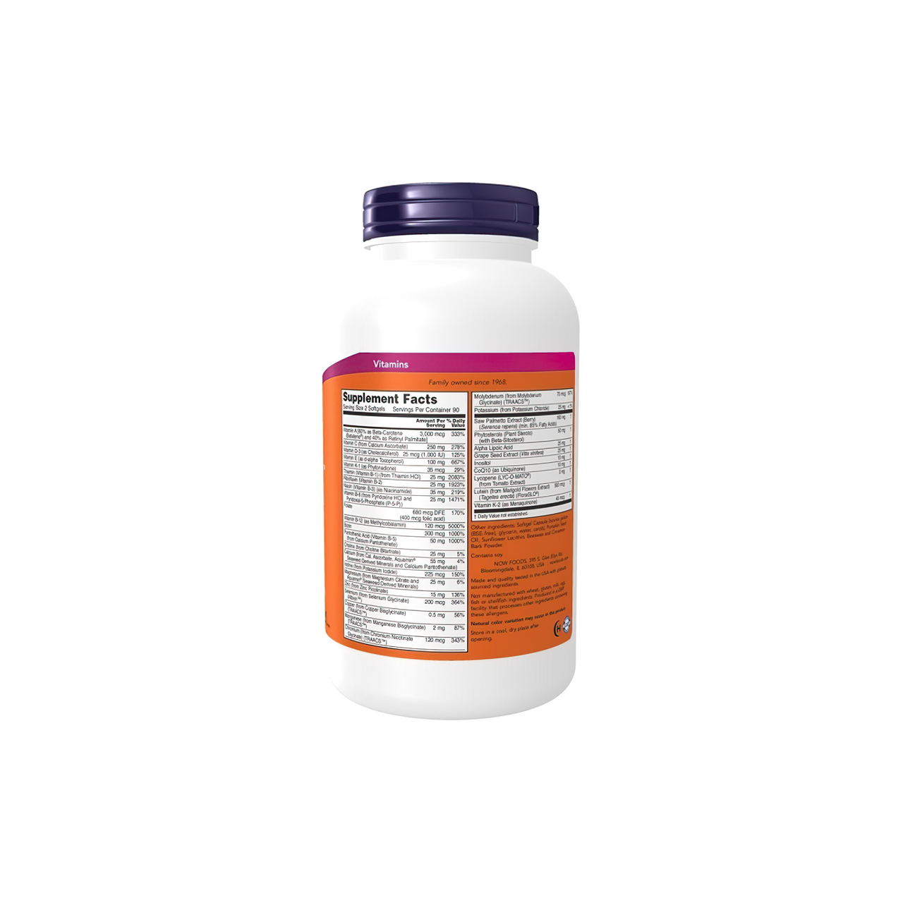 Un frasco de Now Foods ADAM Multivitamins & Minerals for Man 180 sgel sobre fondo blanco.