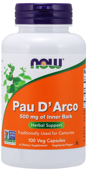 Now Foods Pau D'Arco 500 mg cápsulas, ahora disponible en envase de 100 cápsulas vegetales.