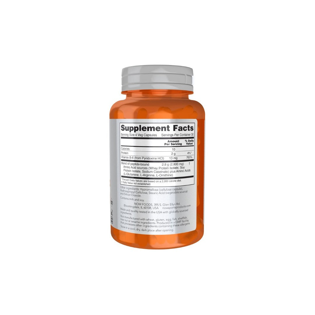 A transparent orange pill bottle with a white cap, showing a Supplement Facts label detailing the ingredients and nutritional information of the enclosed dietary supplement designed for muscle support with Vitamin B-6, Amino Complete 120 Veg Capsules by Now Foods.