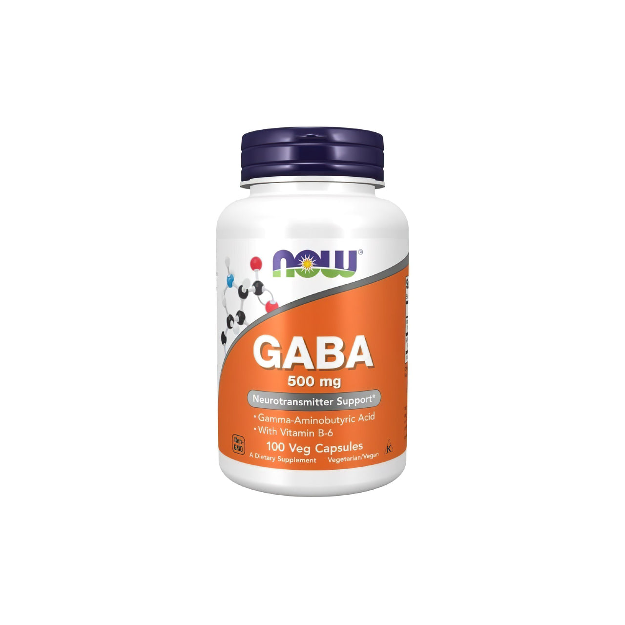 Un frasco de Now Foods GABA 500 mg 200 Cápsulas Vegetales, que favorece la relajación y ayuda al sistema nervioso.