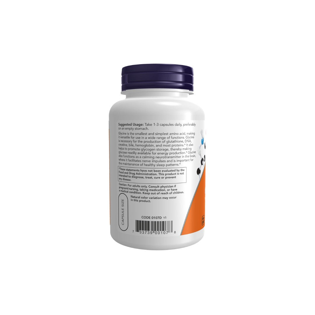 Rear view of a white Now Foods Glycine 1000 mg 100 Veg Capsules bottle for nervous system support, with dosage instructions and ingredients listed, set against a plain background.