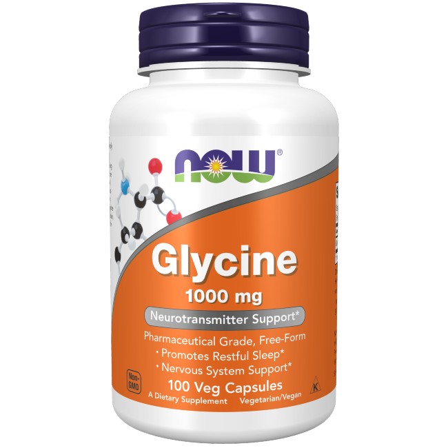 A bottle of Now Foods Glycine 1000 mg 100 Veg Capsules dietary supplement, featuring 100 vegetarian capsules with labels highlighting its benefits for nervous system support and promoting healthy sleep.