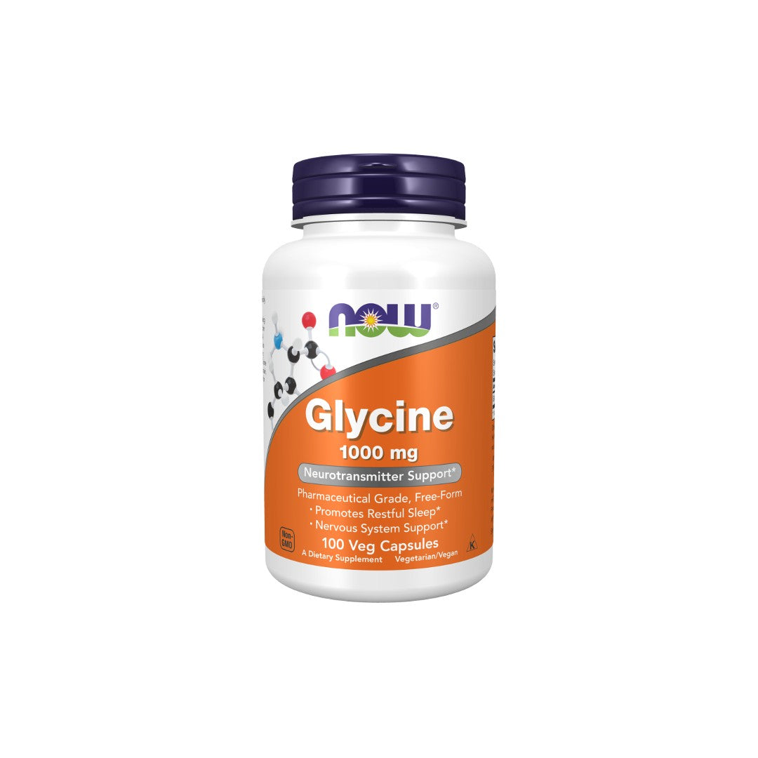 A bottle of Now Foods Glycine 1000 mg 100 Veg Capsules dietary supplement with benefits listed, including neurotransmitter support and promoting healthy sleep.