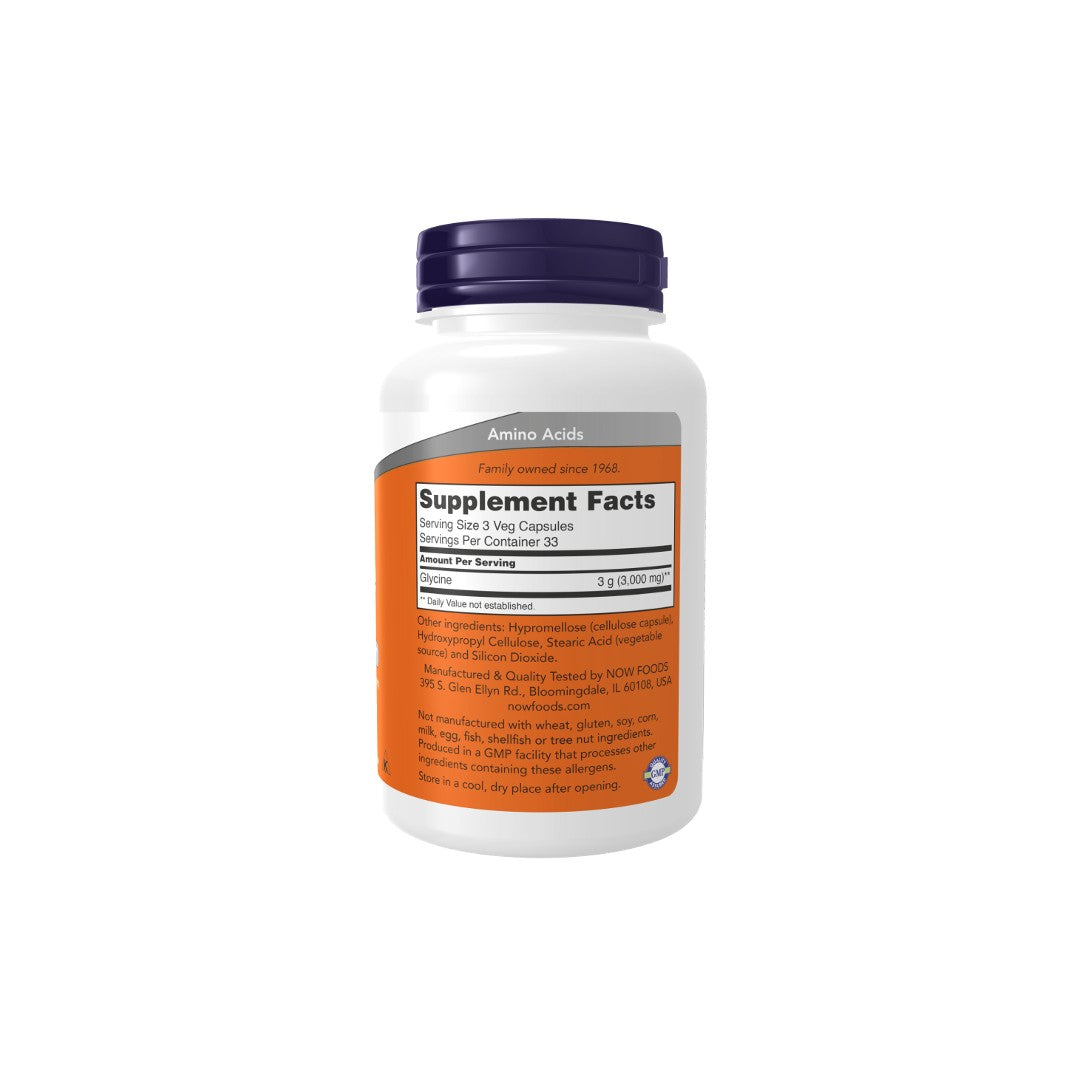 A plastic bottle of Now Foods Glycine 1000 mg 100 Veg Capsules amino acid supplements with a white label showing nutritional information and serving size.