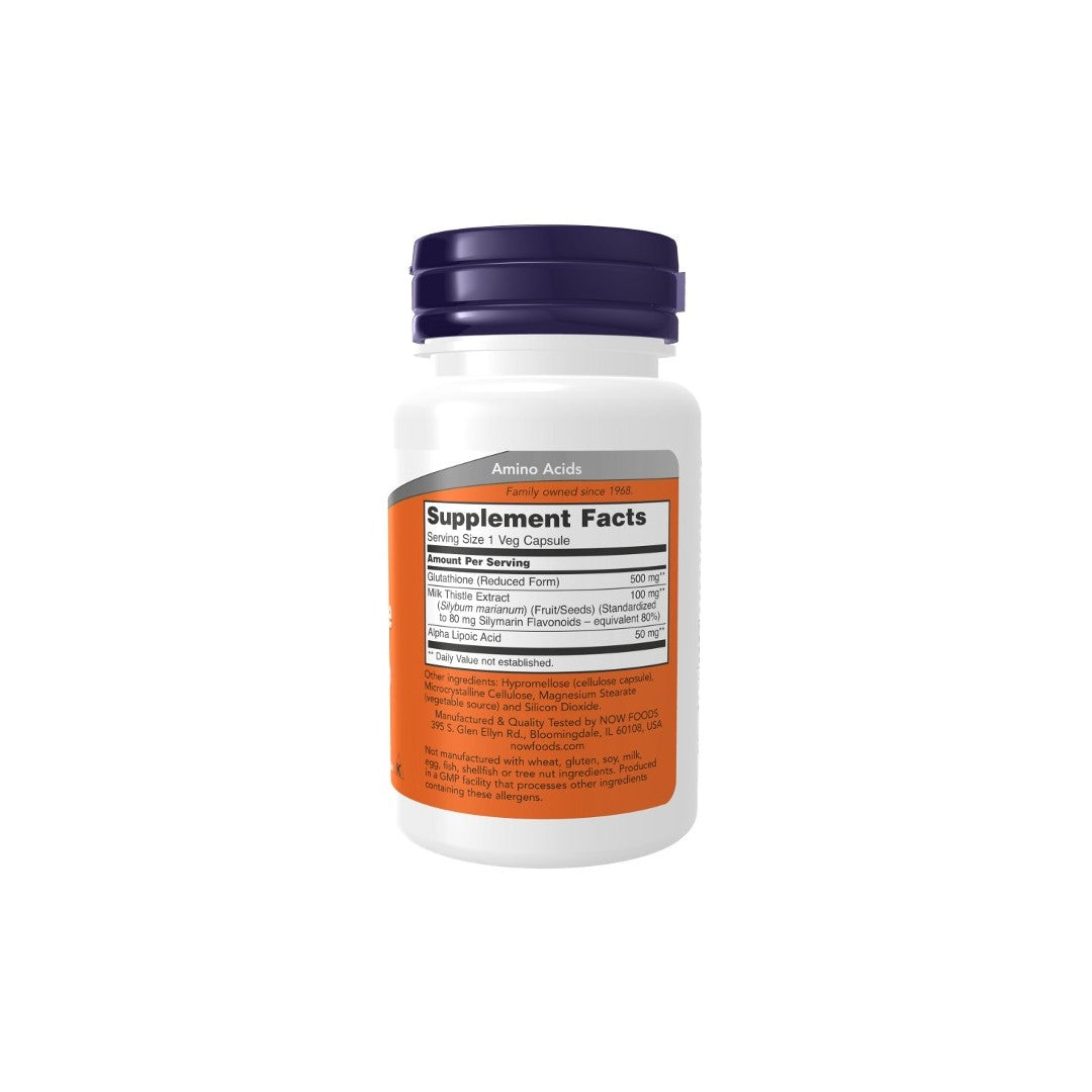 A white supplement bottle with an orange label displaying nutritional facts and "Now Foods Glutathione 500 mg 30 Veg Capsules" text.