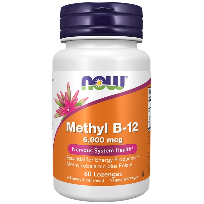 A bottle of Now Foods Methyl B-12 5000 mcg, containing 60 lozenges. The label highlights this vegan supplement's essential role in energy production and nervous system health, utilizing methylcobalamin for optimal absorption.