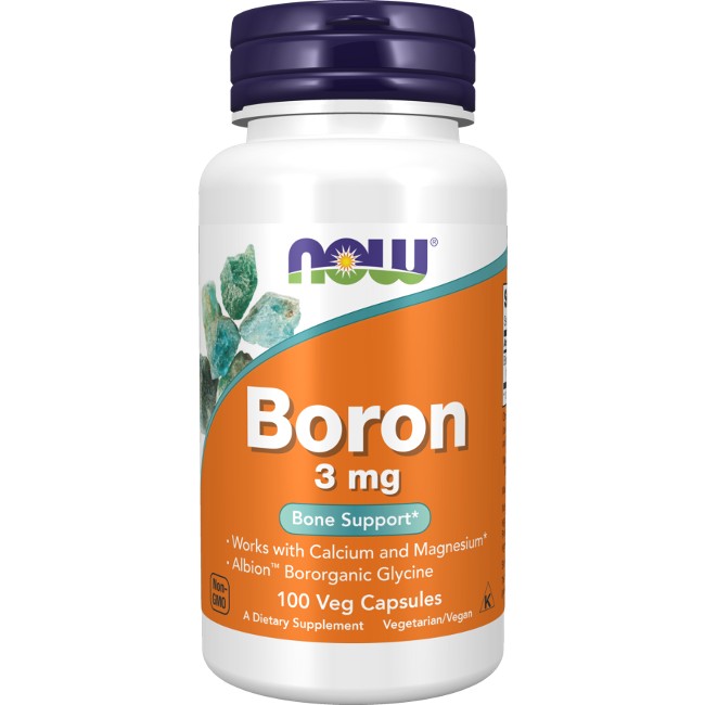 A bottle of Now Foods Boron 3 mg dietary supplement, designed for bone health and immune support. The label highlights its compatibility with calcium and magnesium, and it contains 100 vegetarian capsules.