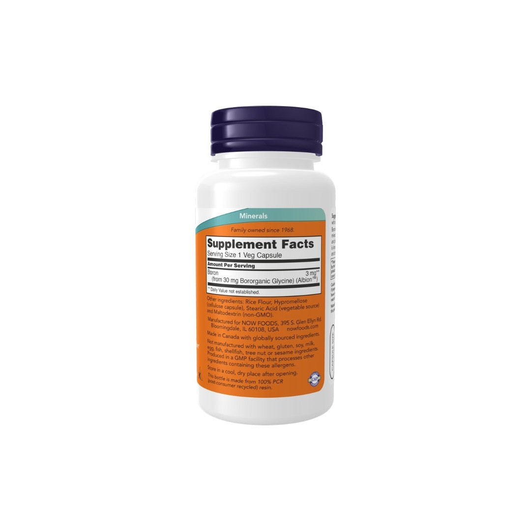 A white bottle with a dark blue cap containing Now Foods' Boron 3 mg dietary supplements for immune system support. The label features Supplement Facts and ingredients in black and orange text, and the product comes in a pack of 100 vegetable capsules.