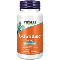 Thumbnail for The L-OptiZinc 30 mg 100 Veg Capsules by Now Foods contain 100 vegetarian capsules with each capsule providing 30 mg of zinc and copper, aimed at supporting the immune system and enzyme function.