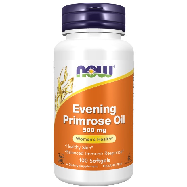 A bottle of Now Foods Evening Primrose Oil 500 mg 100 Softgels, labeled for women's health, healthy skin, and balanced immune support.