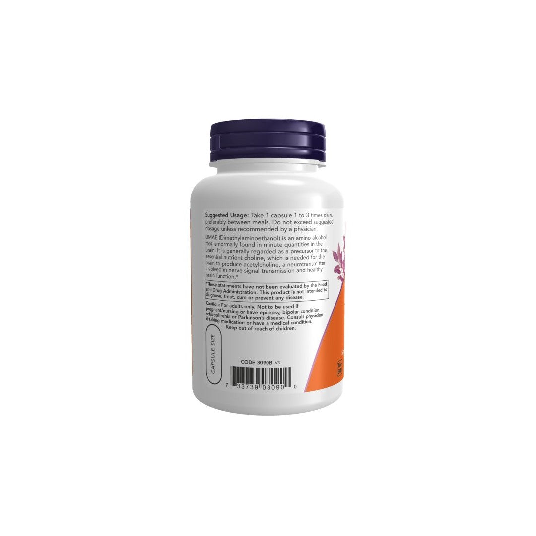 A white bottle with a purple cap containing DMAE 250 mg 100 Veg Capsules from Now Foods. The back label lists suggested usage, warnings, and ingredients, including DMAE for brain health. The bottle has a white label with text and a small part of an orange graphic.